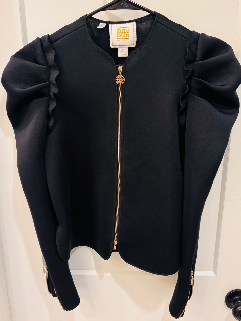 Emily McCarthy Black Jacket with Gold Zip and Puff Sleeves. Size Small in mint